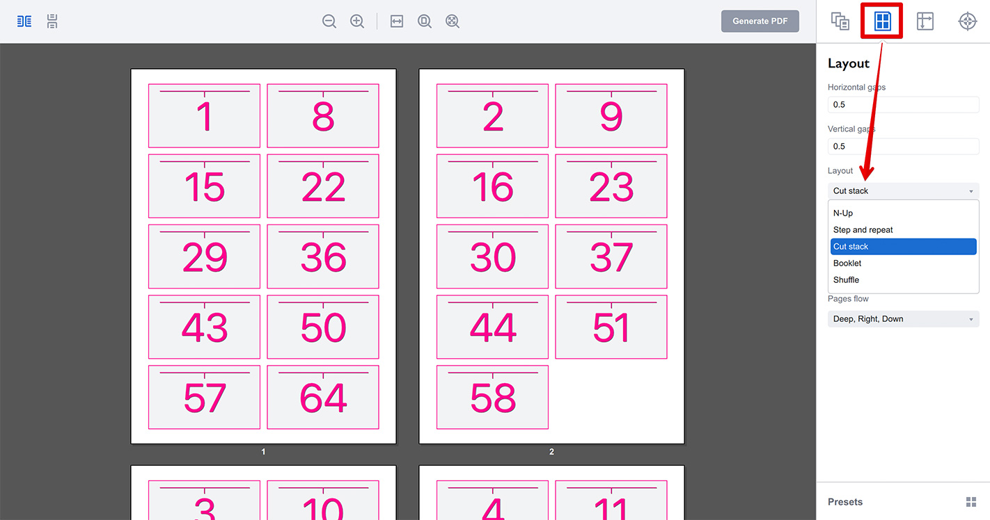 Раскладка Cut Stack в правой панели Imposition Wizard