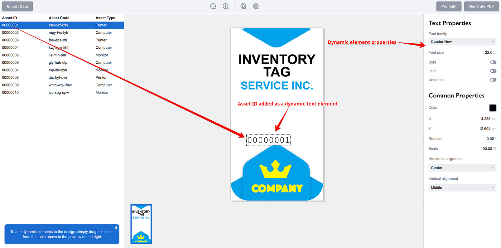 Asset ID is added as a dynamic text element