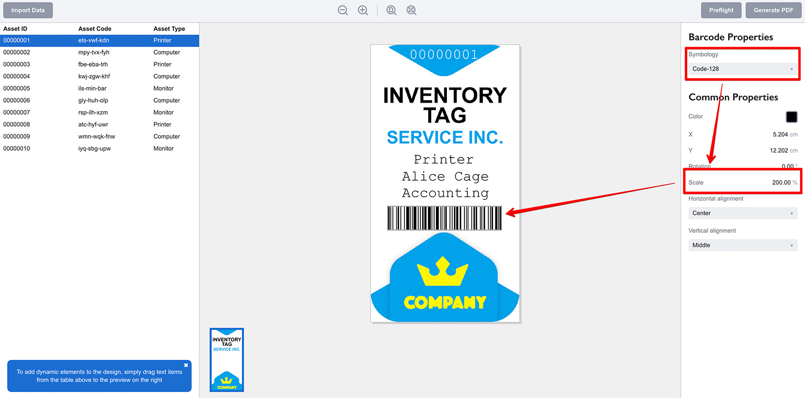 Barcode added to inventory tag in Ticket Wizard