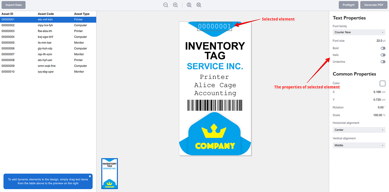 The properties of the selected element are displayed on the right