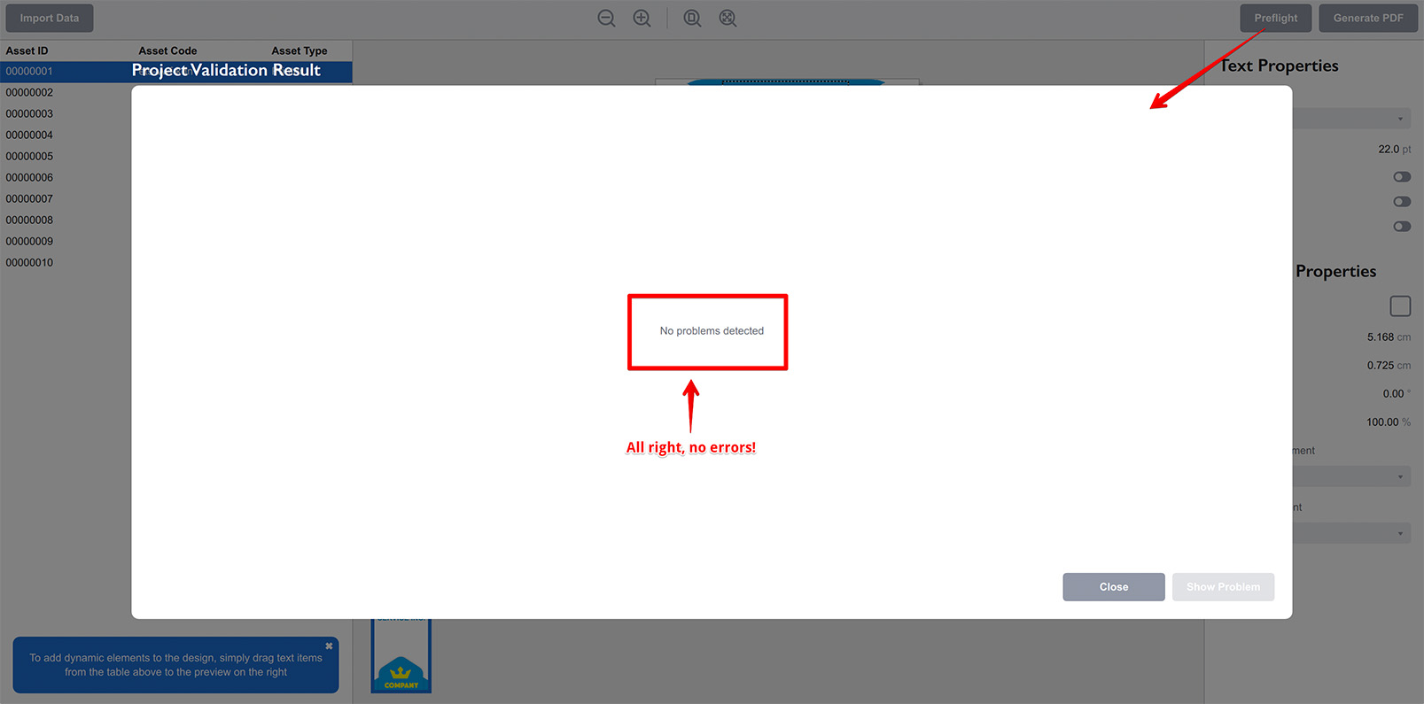 Project preflight results show no errors in the project