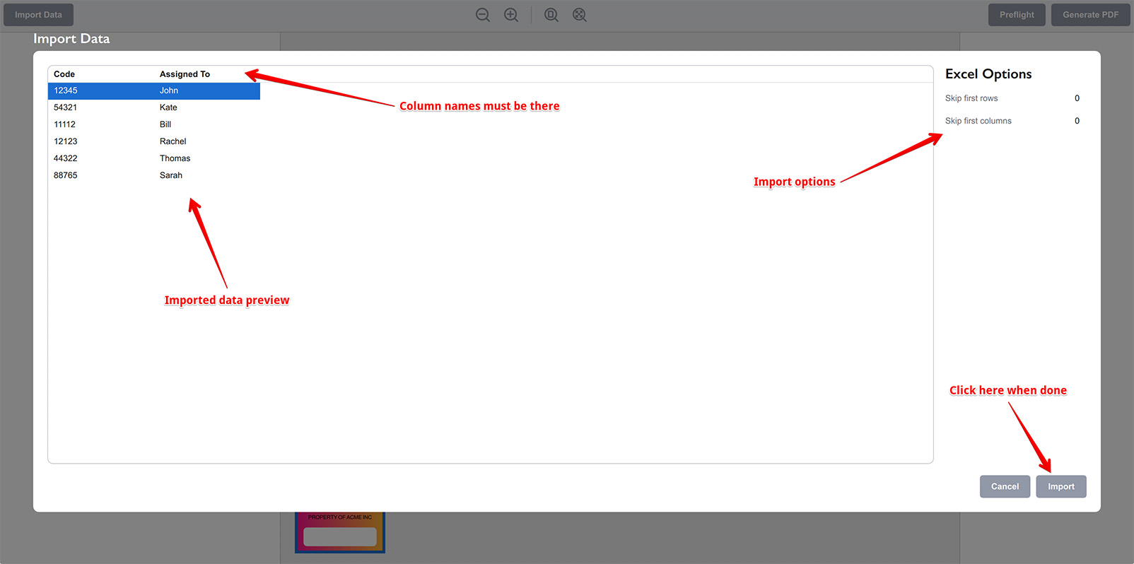 Previewing imported data in Ticket Wizard