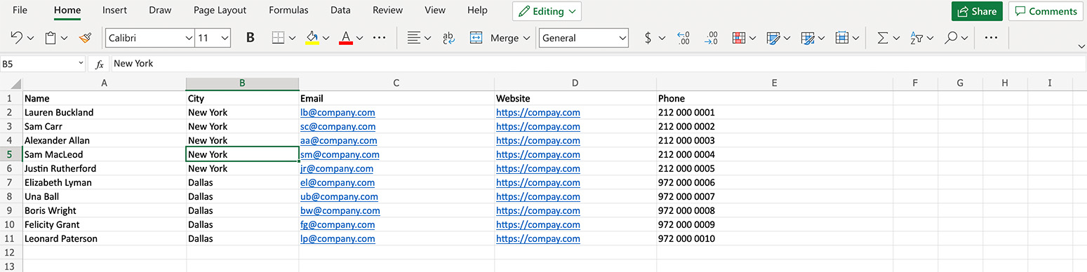 Business card data in Excel file