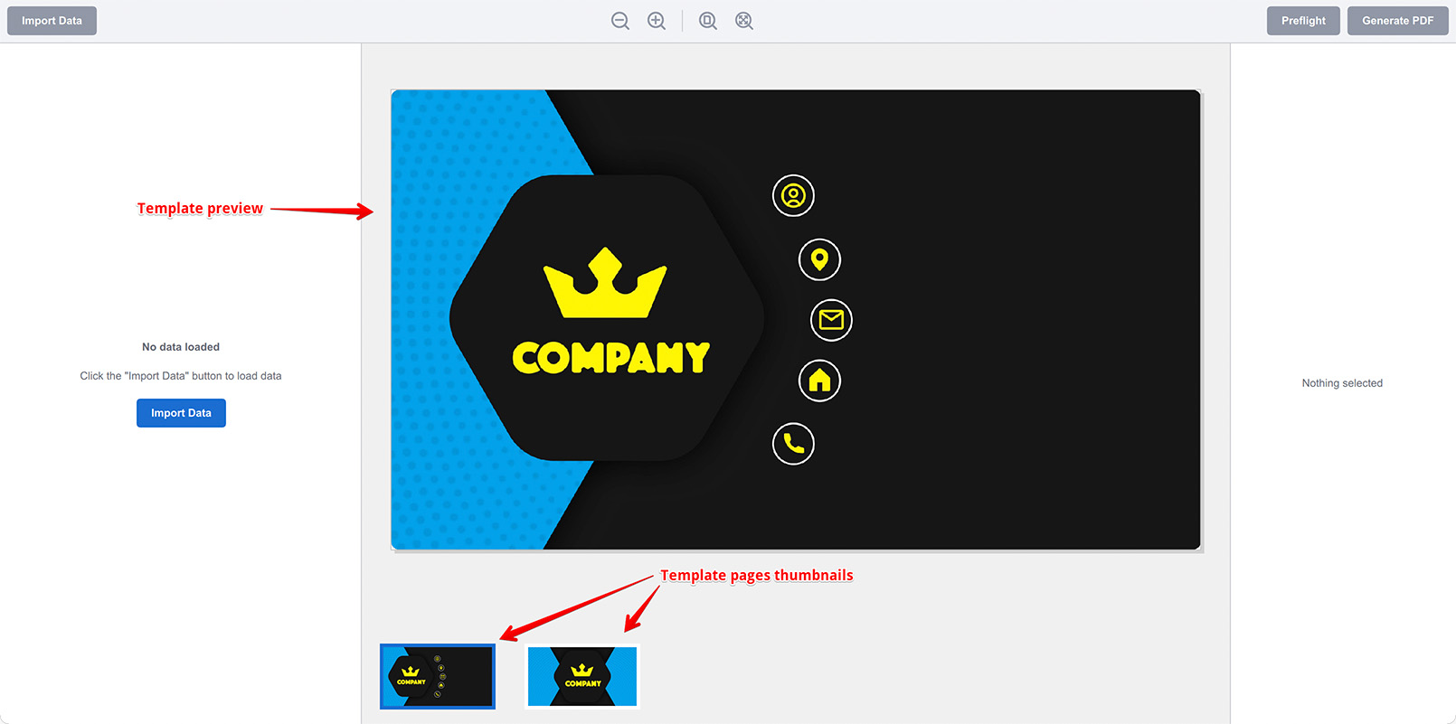 Business card PDF template loaded to Ticket Wizard