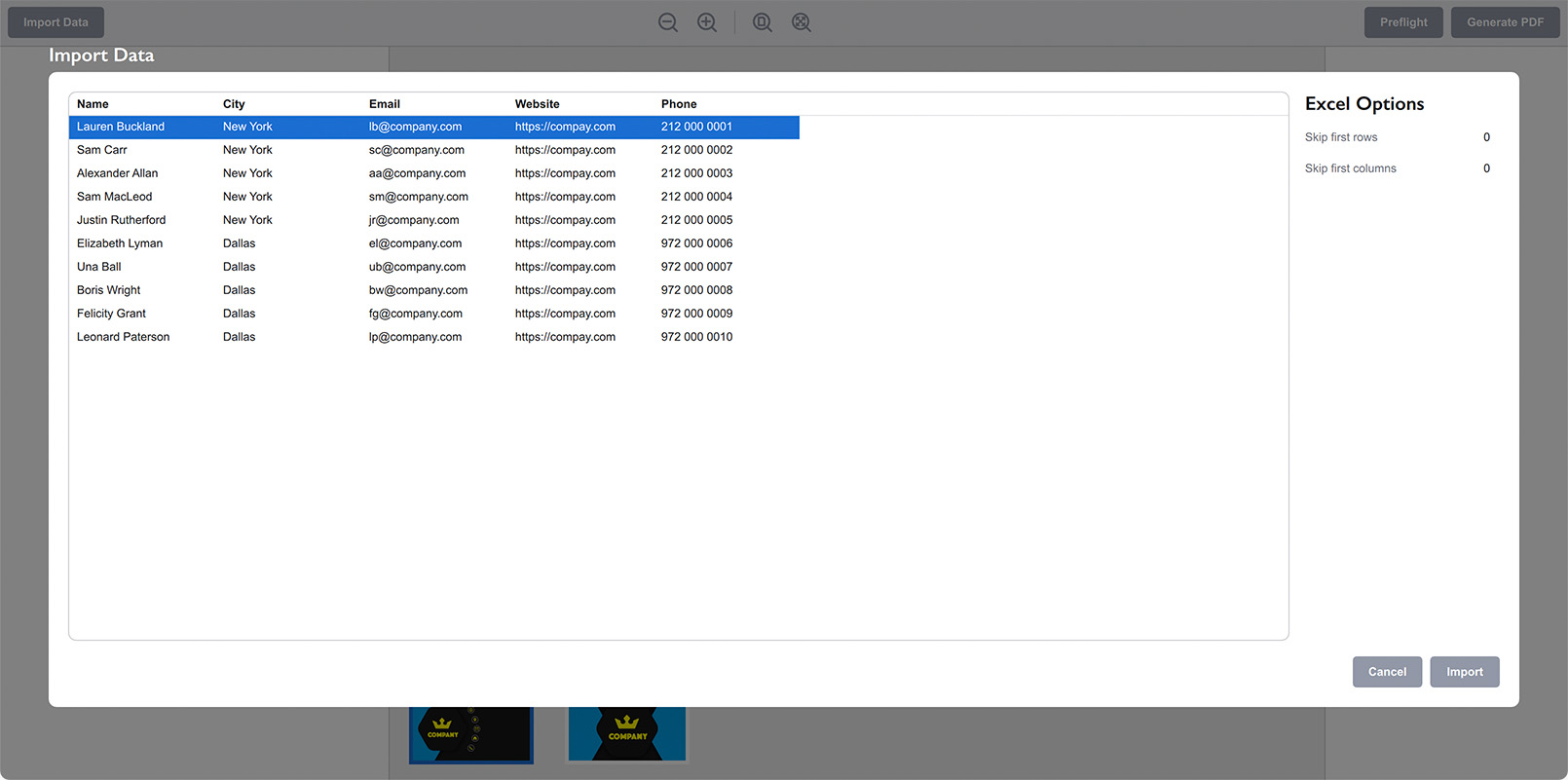 Importing Excel data for business cards