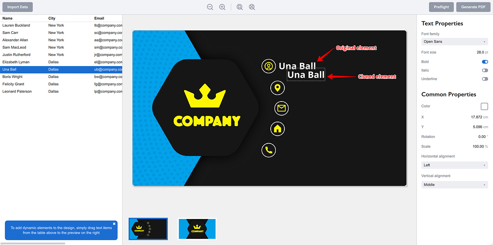 Cloned dynamic text element is added to the project