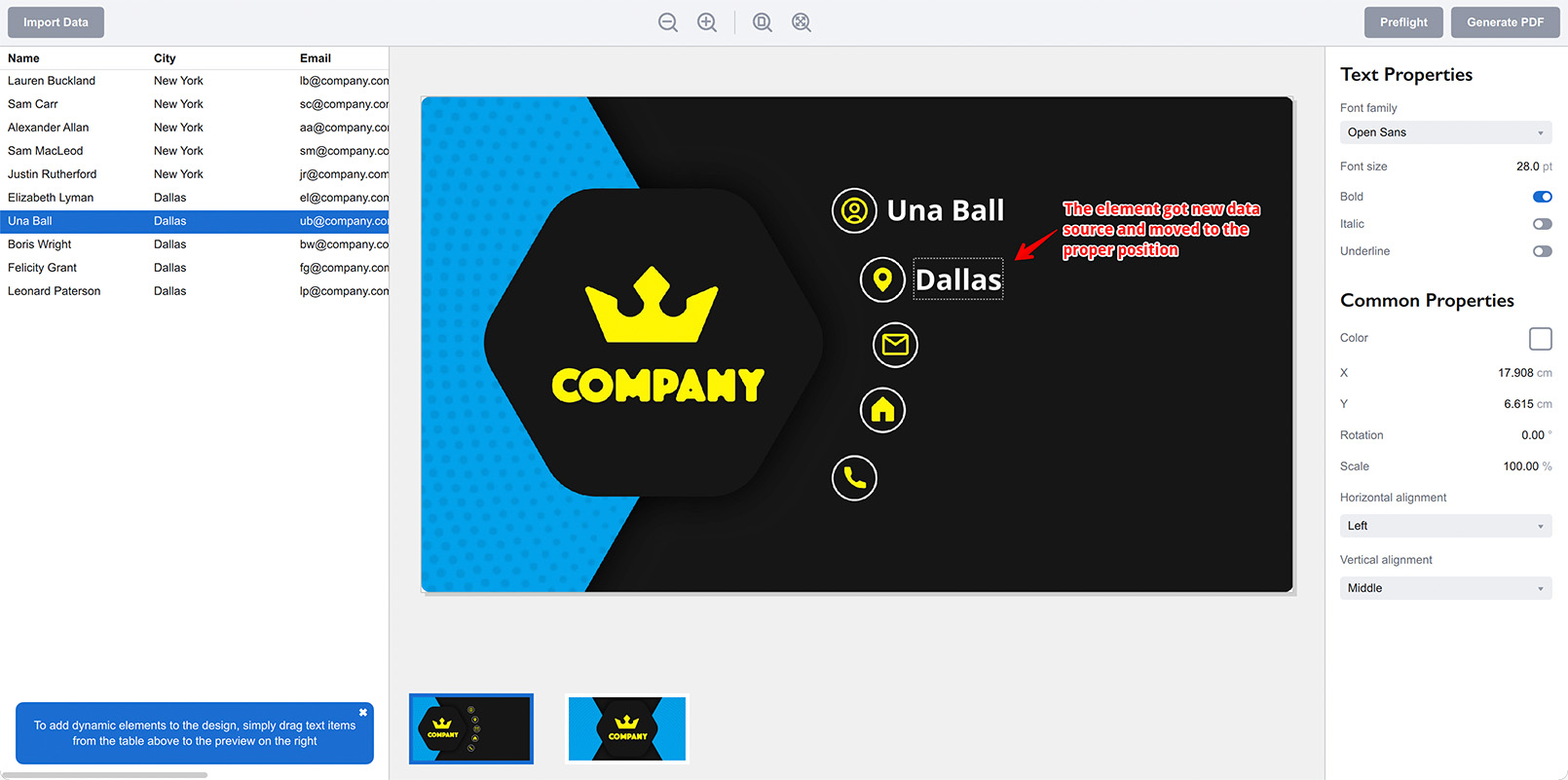 Changing the data source of the cloned element to display a different data column