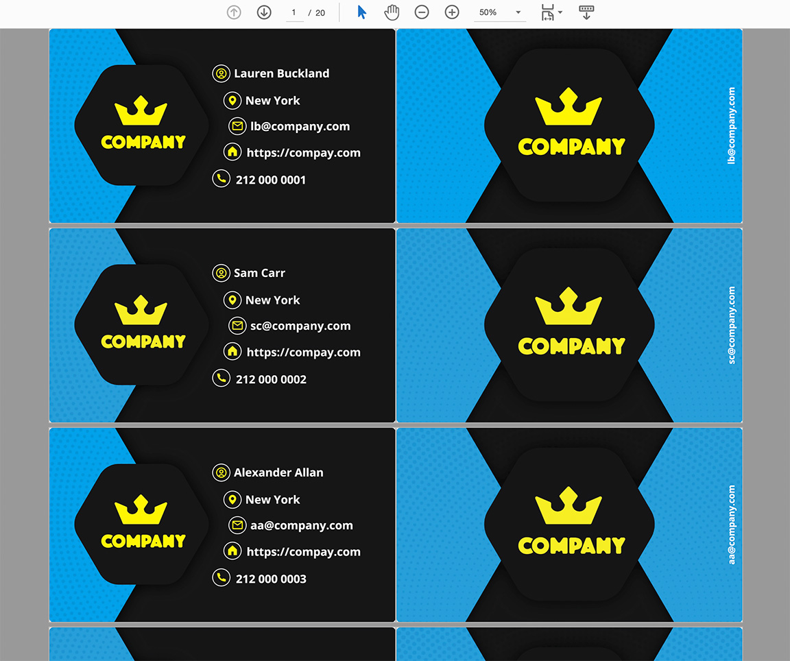 Business cards generated based on the Excel data and PDF template