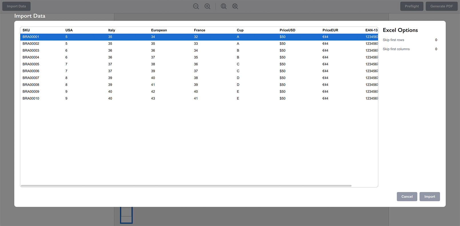 Pricing data import panel in Ticket Wizard