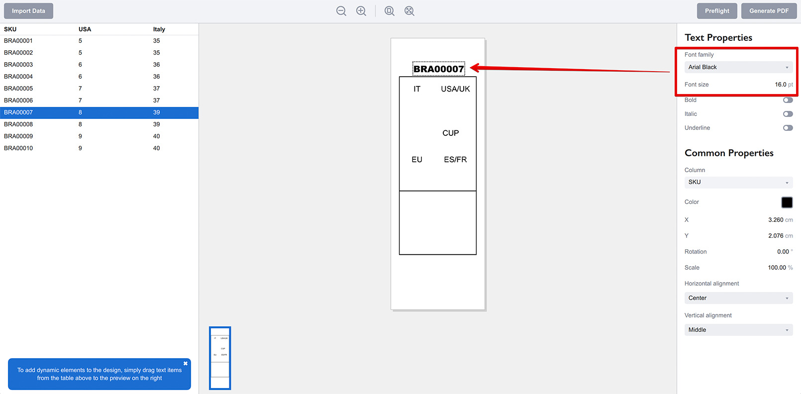 Adjusting the text element appearance using the right panel