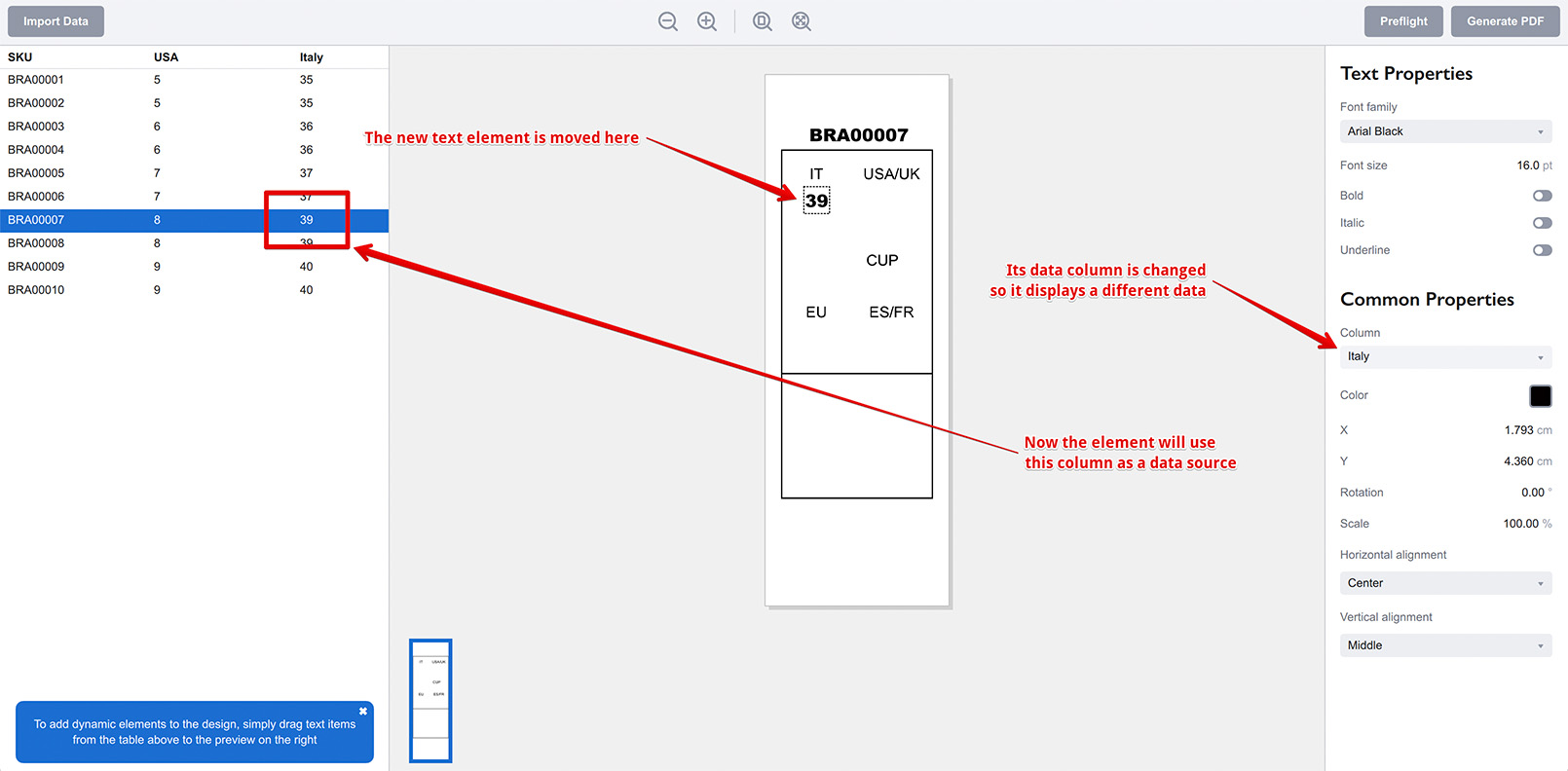 Placing the new text element and changing its data source