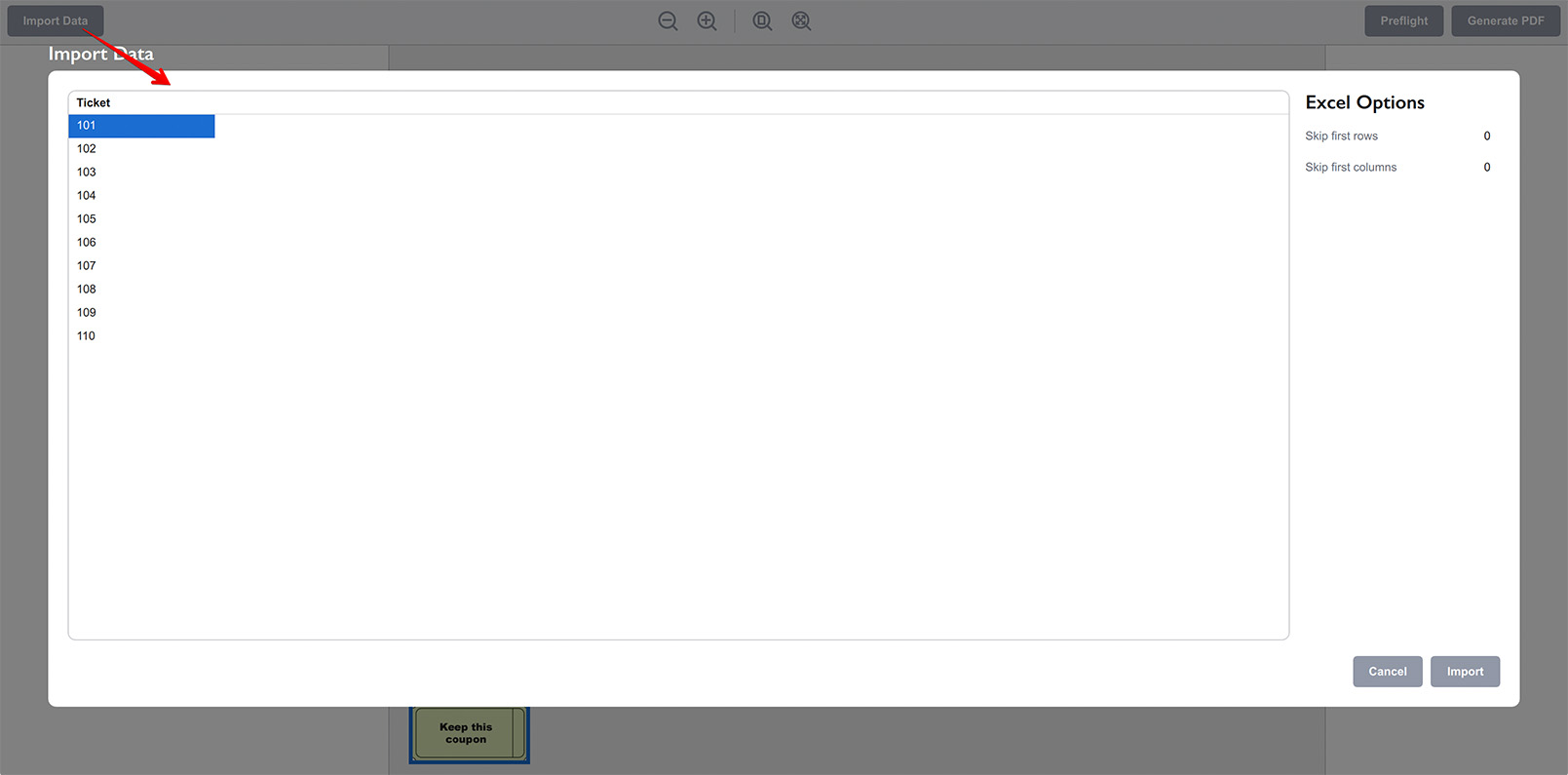 Raffle ticket data loaded to the importing panel