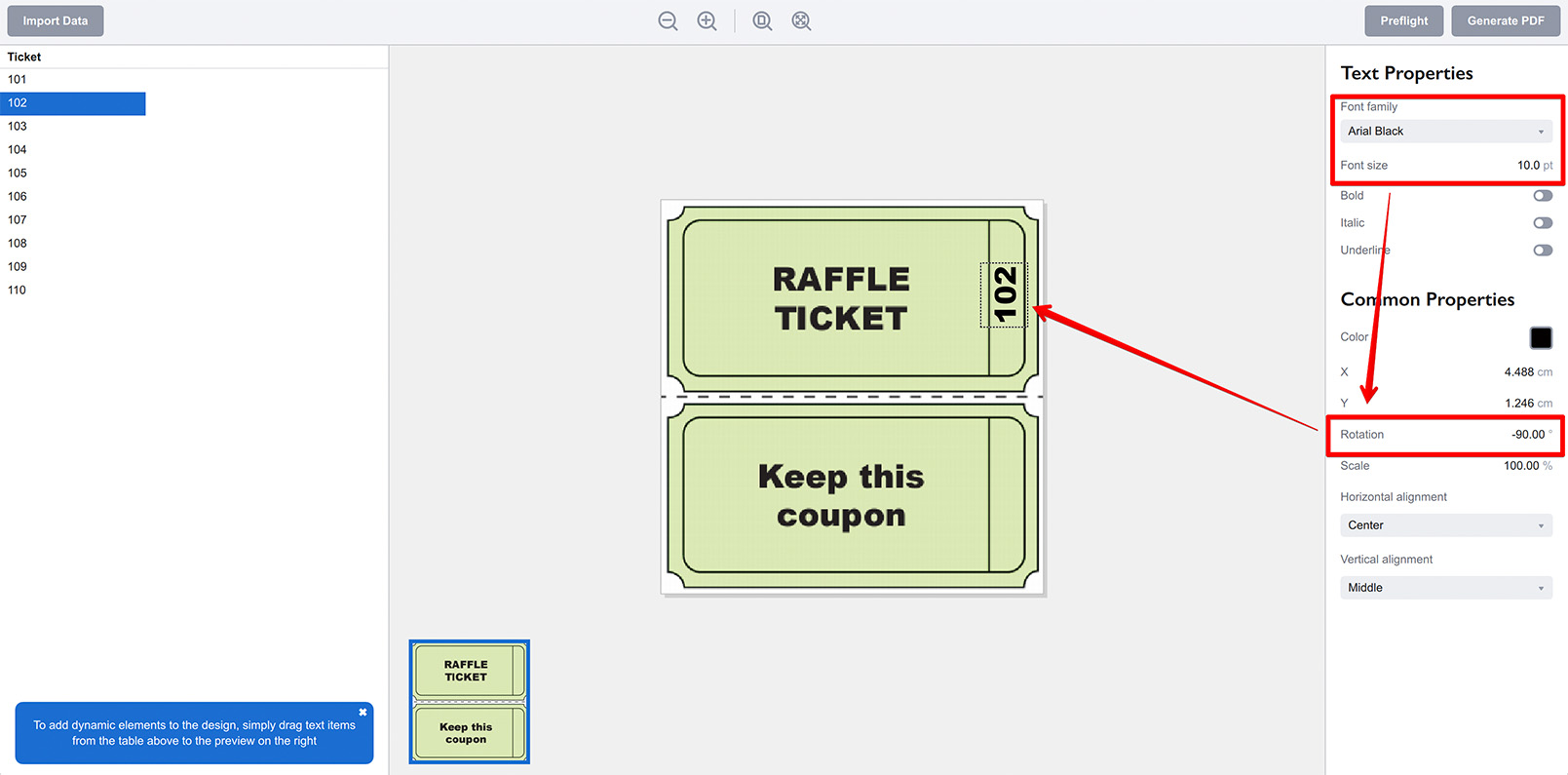 Adjusting raffle ticket number appearance to fit the design