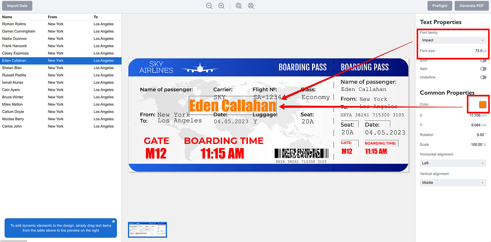 Changing properties of the selected element and moving it
