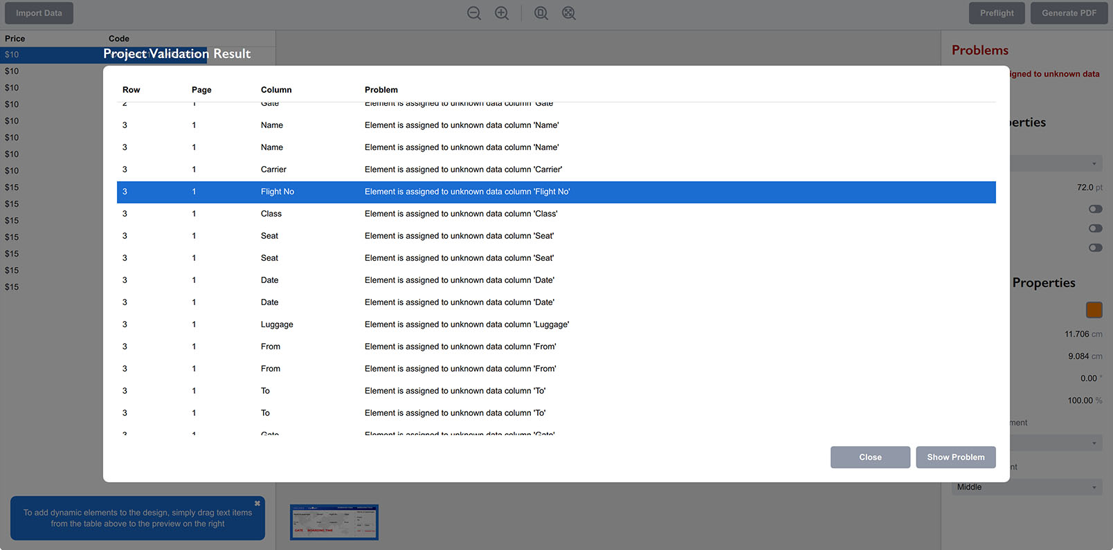 Preflight results showing the list of problems